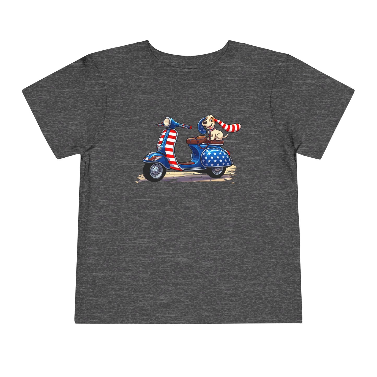 Toddler Tee - Patriotic Pup on American Flag Scooter (4th of July Kids Shirt)