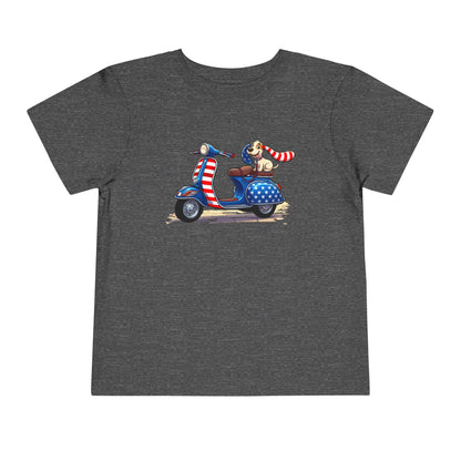 Toddler Tee - Patriotic Pup on American Flag Scooter (4th of July Kids Shirt)