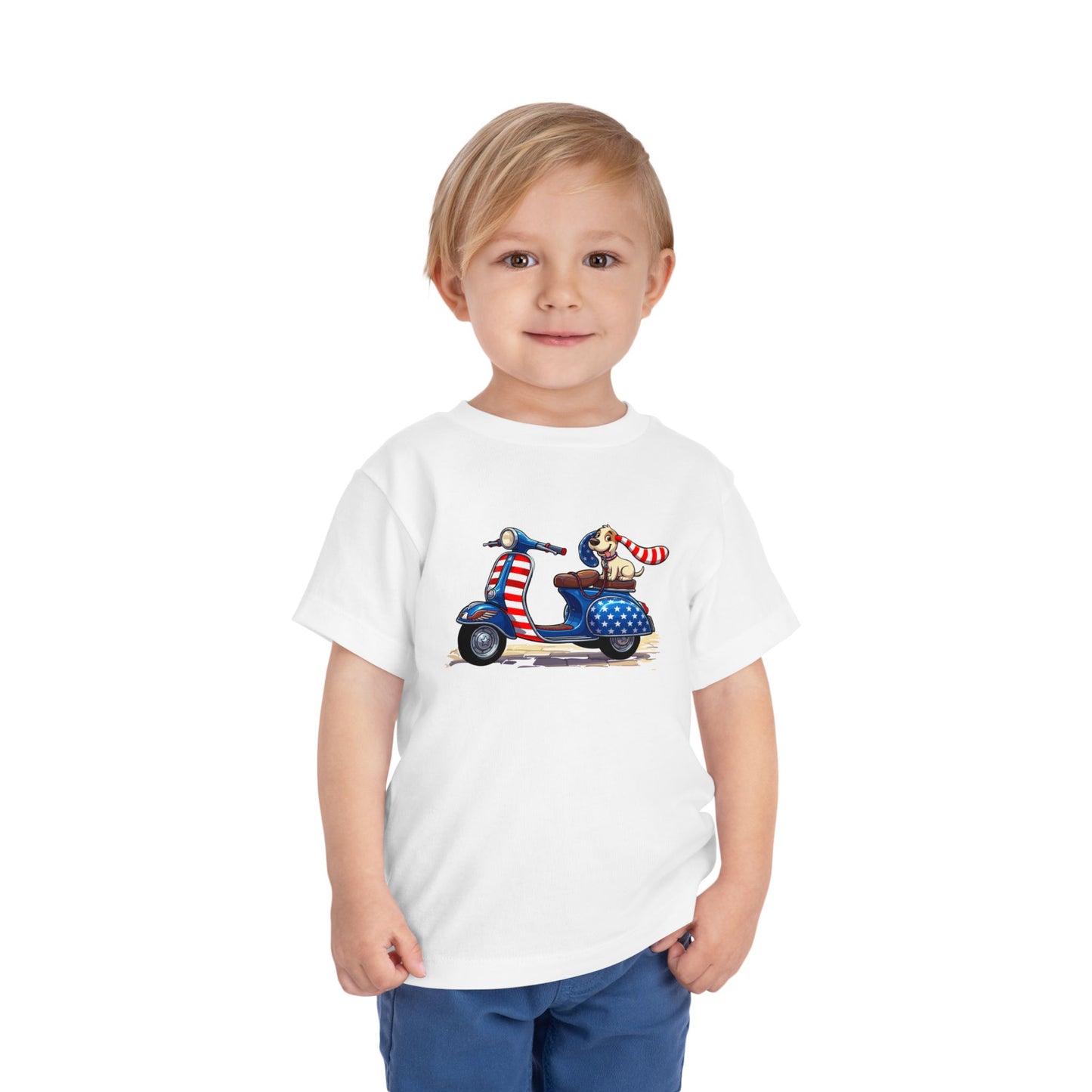 Toddler Tee - Patriotic Pup on American Flag Scooter (4th of July Kids Shirt)
