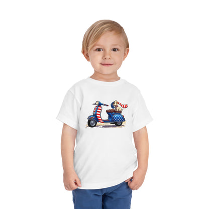Toddler Tee - Patriotic Pup on American Flag Scooter (4th of July Kids Shirt)