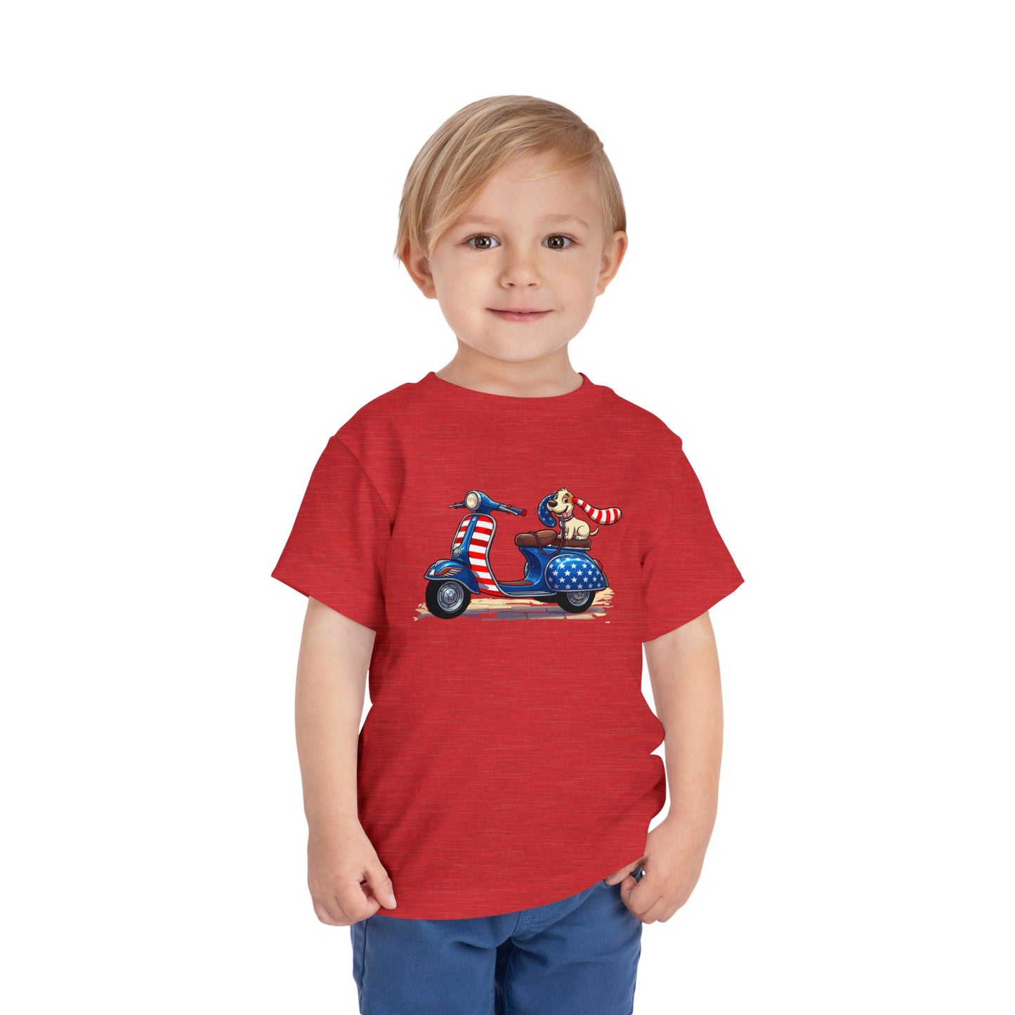 Toddler Tee - Patriotic Pup on American Flag Scooter (4th of July Kids Shirt)