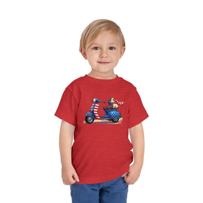 Toddler Tee - Patriotic Pup on American Flag Scooter (4th of July Kids Shirt)