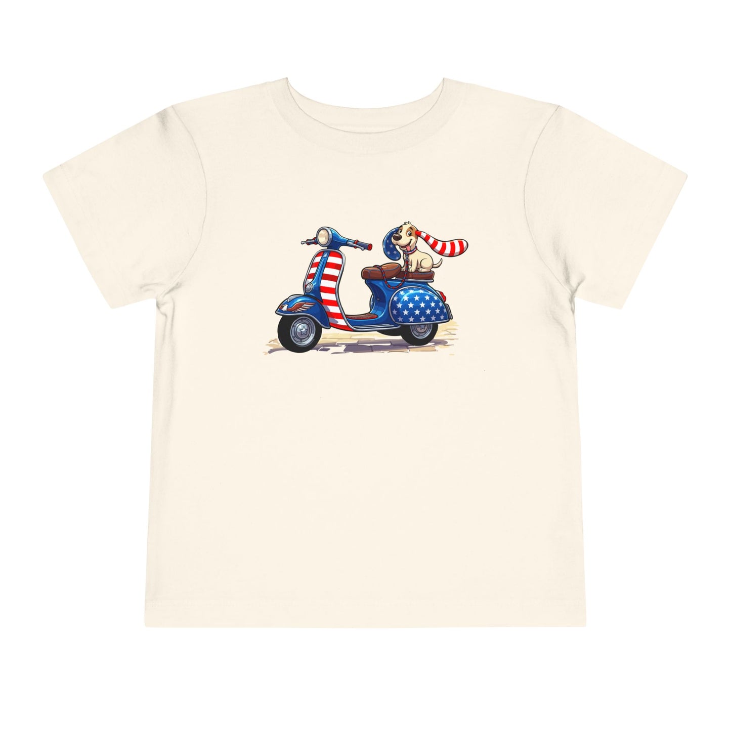 Toddler Tee - Patriotic Pup on American Flag Scooter (4th of July Kids Shirt)