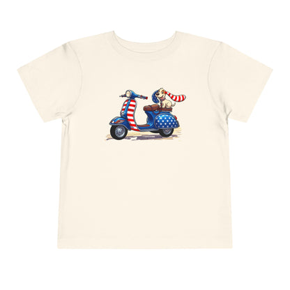 Toddler Tee - Patriotic Pup on American Flag Scooter (4th of July Kids Shirt)