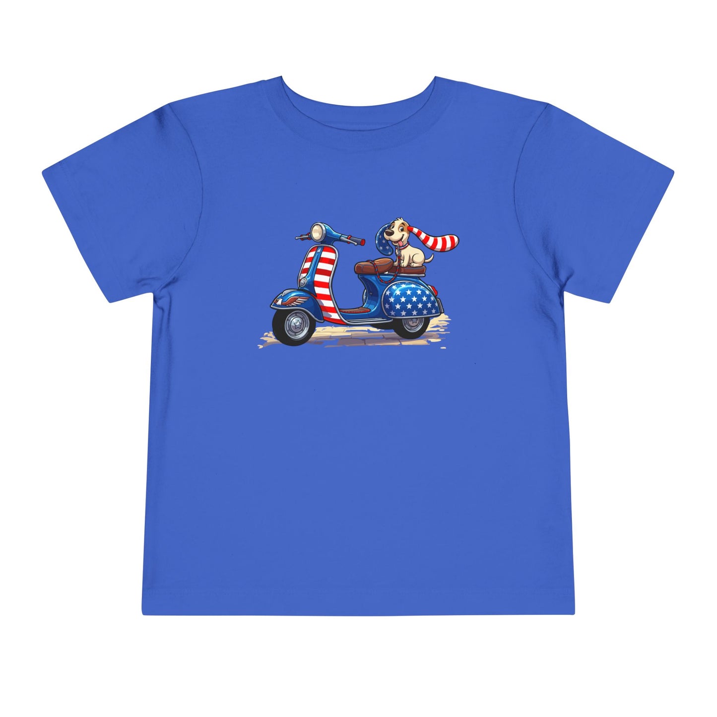 Toddler Tee - Patriotic Pup on American Flag Scooter (4th of July Kids Shirt)