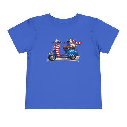 Toddler Tee - Patriotic Pup on American Flag Scooter (4th of July Kids Shirt)