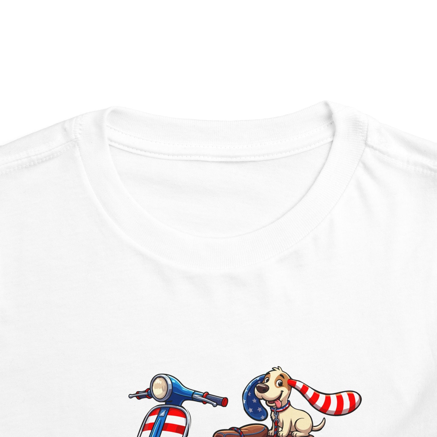 Toddler Tee - Patriotic Pup on American Flag Scooter (4th of July Kids Shirt)