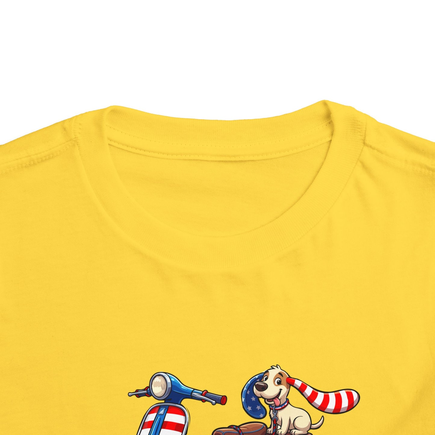 Toddler Tee - Patriotic Pup on American Flag Scooter (4th of July Kids Shirt)