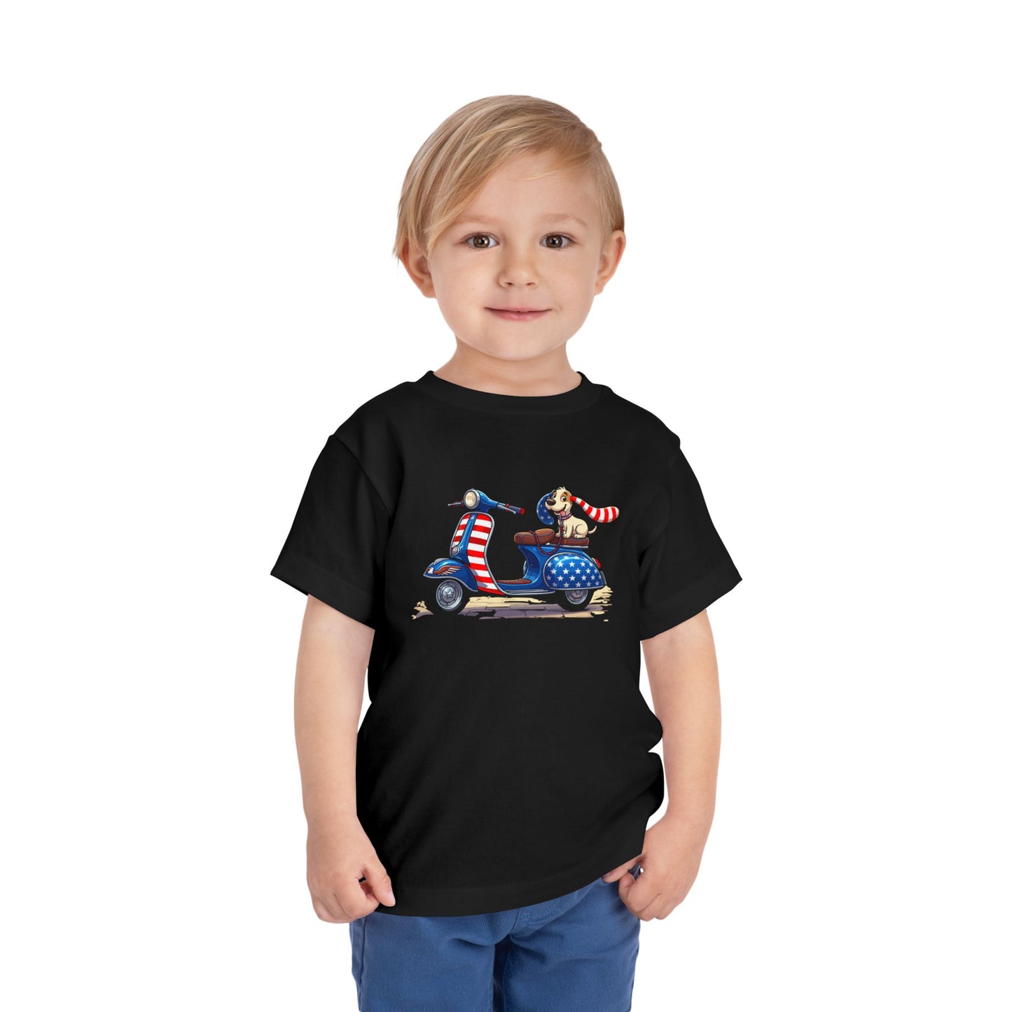Toddler Tee - Patriotic Pup on American Flag Scooter (4th of July Kids Shirt)
