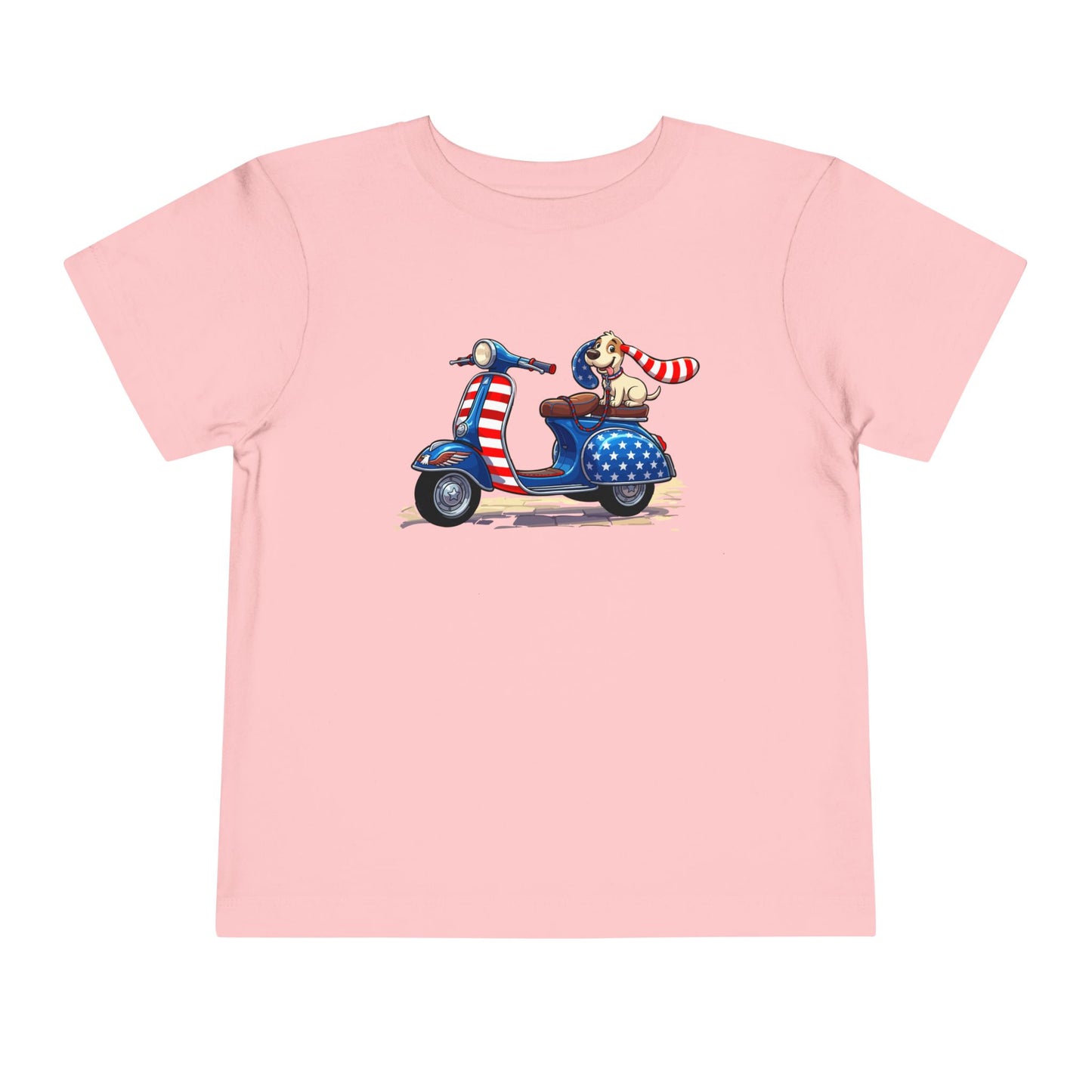 Toddler Tee - Patriotic Pup on American Flag Scooter (4th of July Kids Shirt)