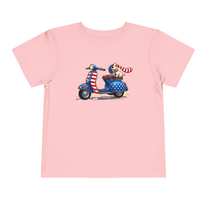 Toddler Tee - Patriotic Pup on American Flag Scooter (4th of July Kids Shirt)