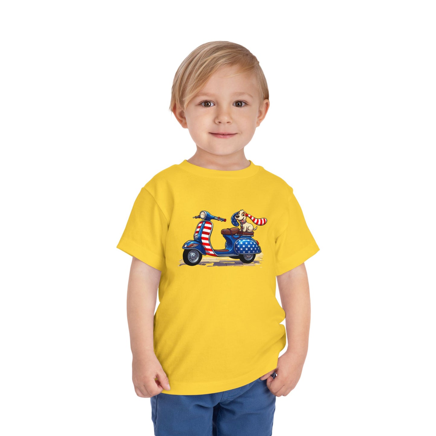 Toddler Tee - Patriotic Pup on American Flag Scooter (4th of July Kids Shirt)