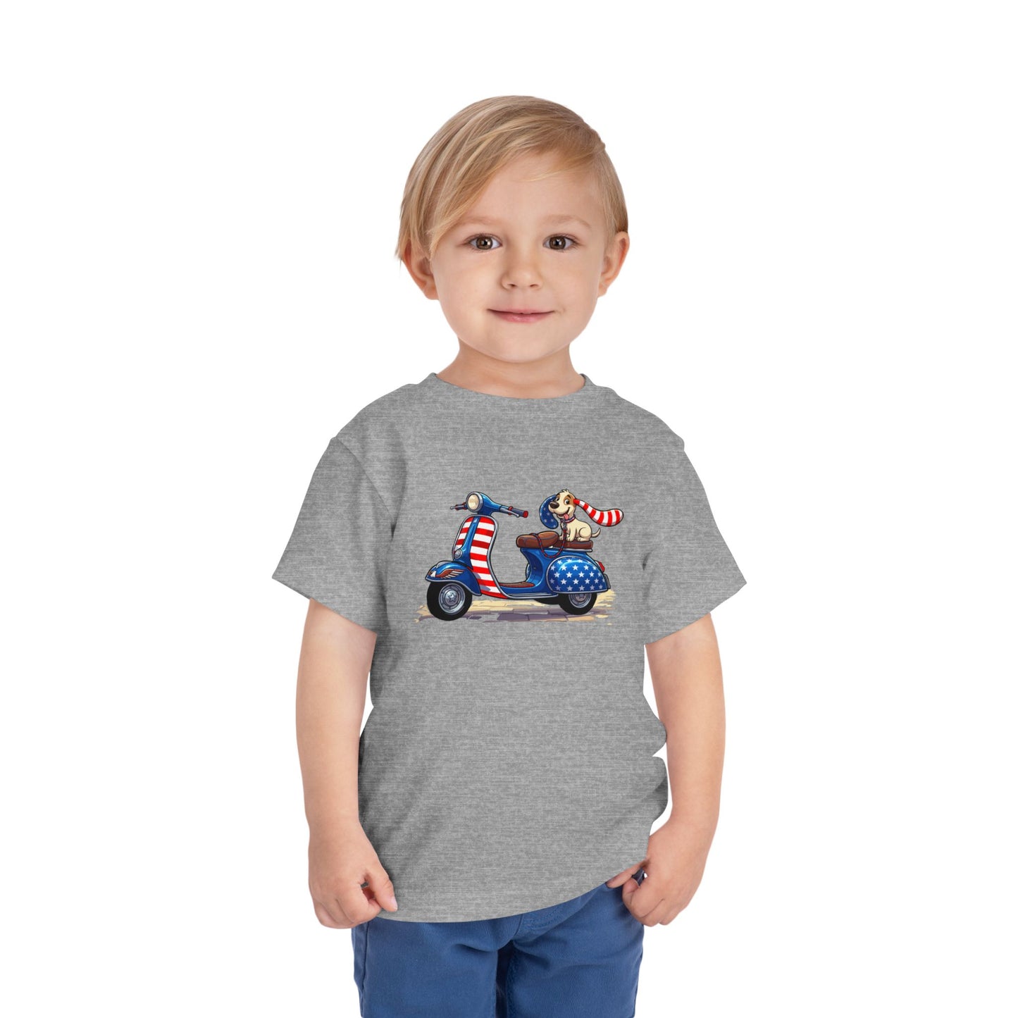 Toddler Tee - Patriotic Pup on American Flag Scooter (4th of July Kids Shirt)