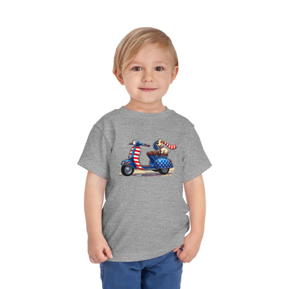 Toddler Tee - Patriotic Pup on American Flag Scooter (4th of July Kids Shirt)
