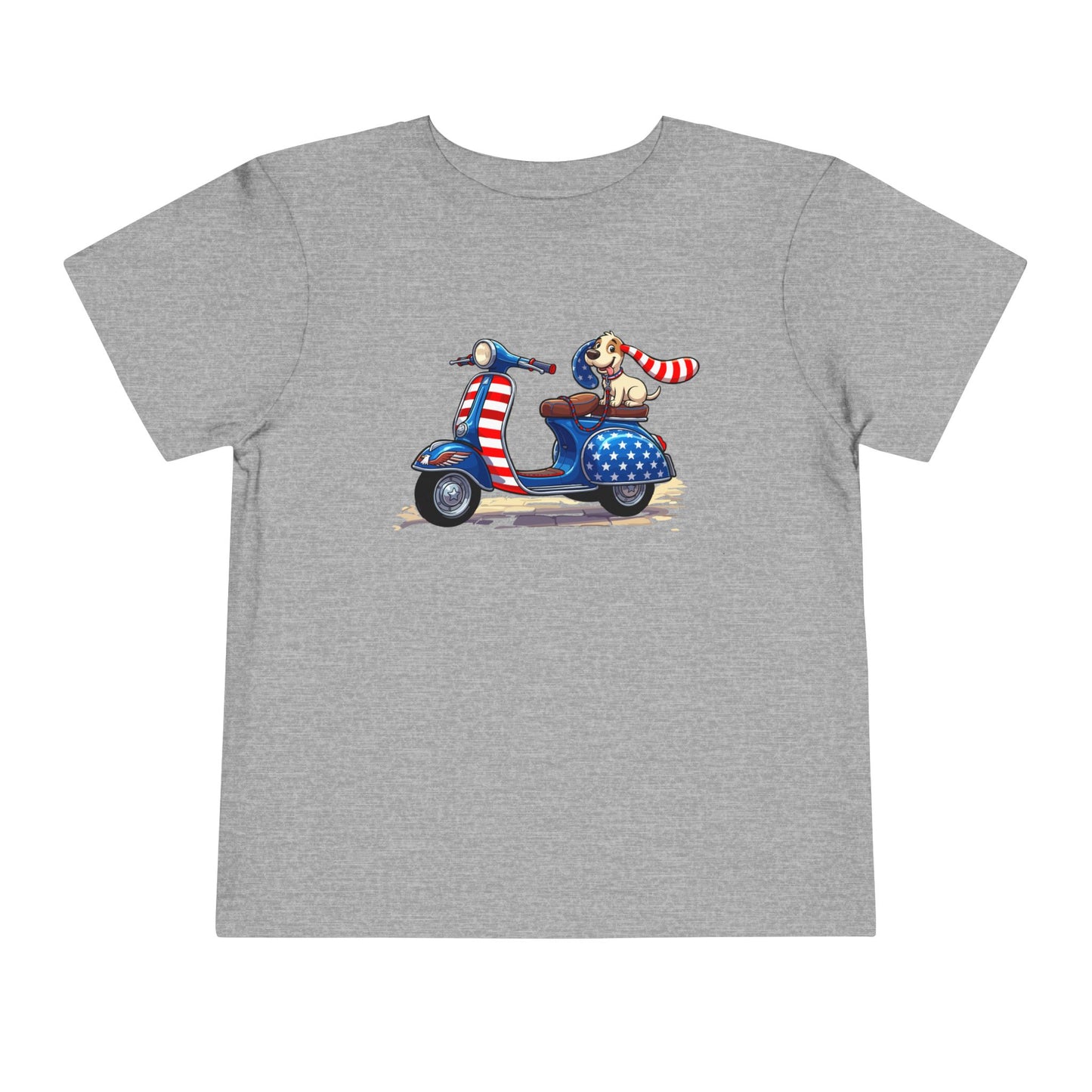 Toddler Tee - Patriotic Pup on American Flag Scooter (4th of July Kids Shirt)