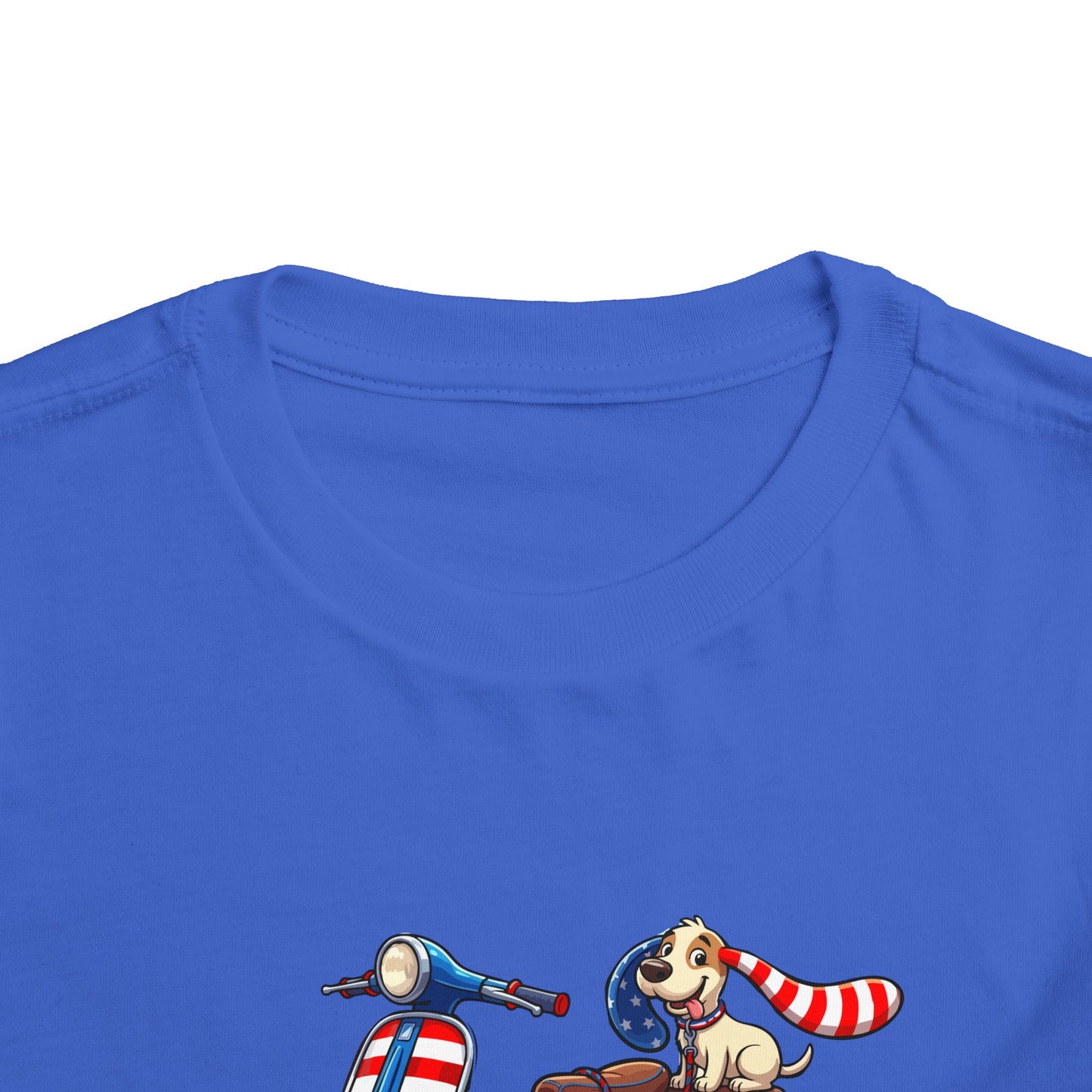 Toddler Tee - Patriotic Pup on American Flag Scooter (4th of July Kids Shirt)