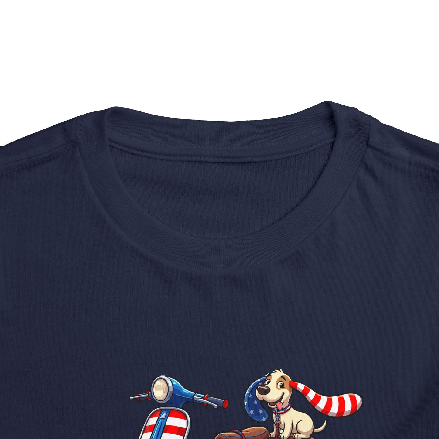 Toddler Tee - Patriotic Pup on American Flag Scooter (4th of July Kids Shirt)
