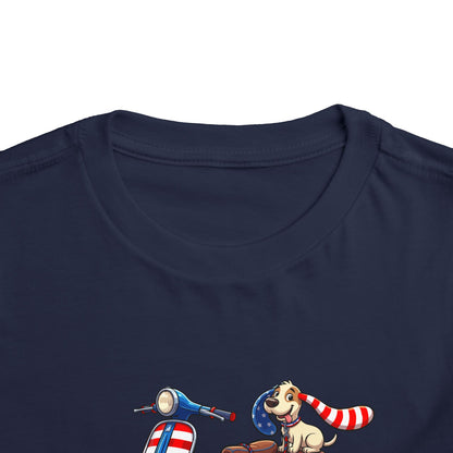 Toddler Tee - Patriotic Pup on American Flag Scooter (4th of July Kids Shirt)