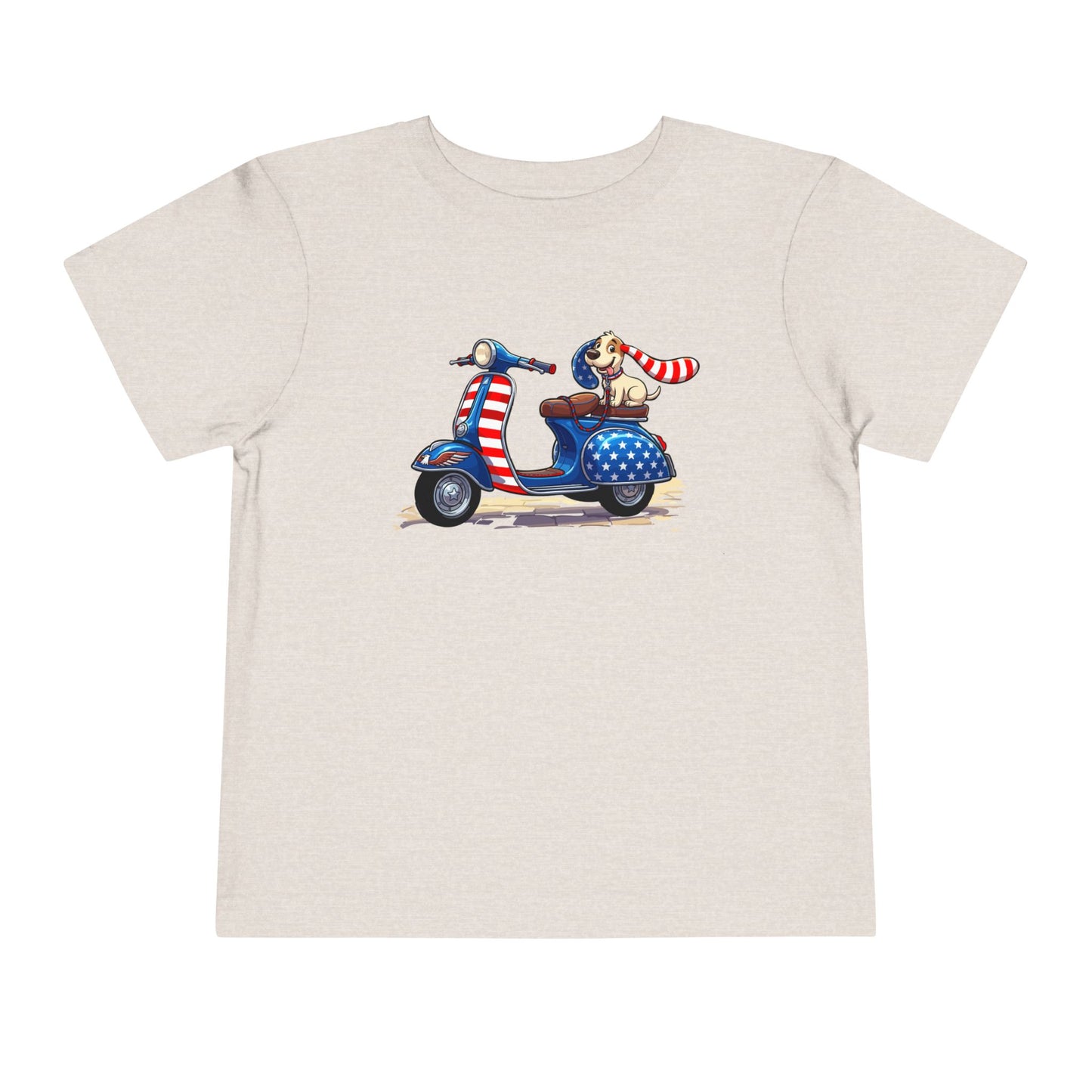 Toddler Tee - Patriotic Pup on American Flag Scooter (4th of July Kids Shirt)