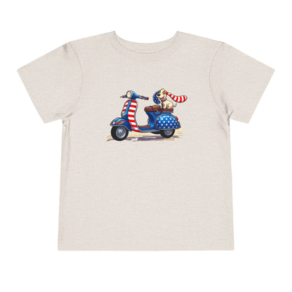 Toddler Tee - Patriotic Pup on American Flag Scooter (4th of July Kids Shirt)