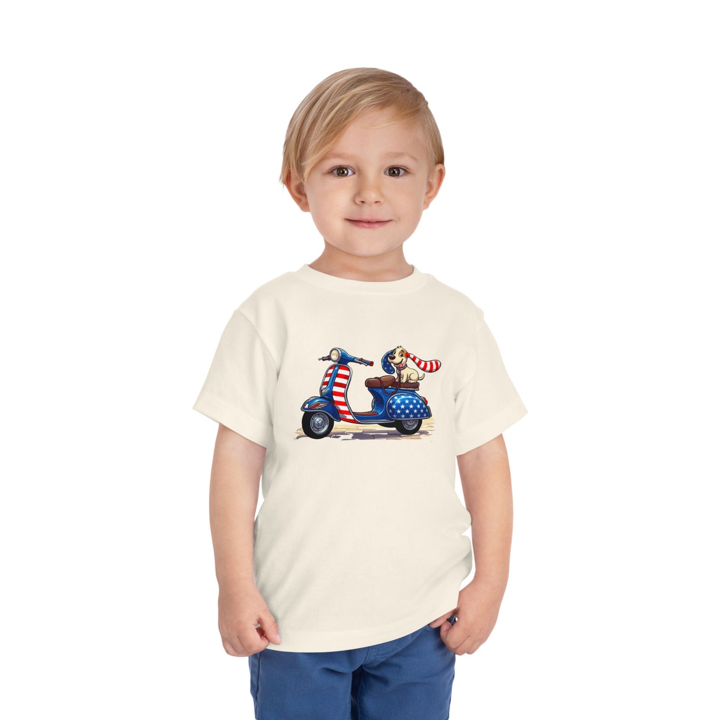 Toddler Tee - Patriotic Pup on American Flag Scooter (4th of July Kids Shirt)