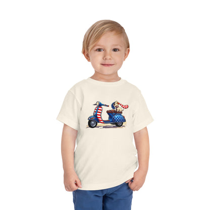 Toddler Tee - Patriotic Pup on American Flag Scooter (4th of July Kids Shirt)