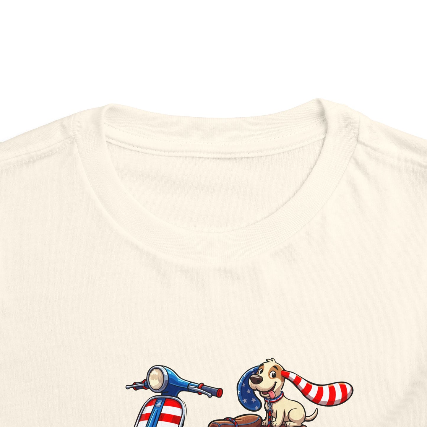 Toddler Tee - Patriotic Pup on American Flag Scooter (4th of July Kids Shirt)
