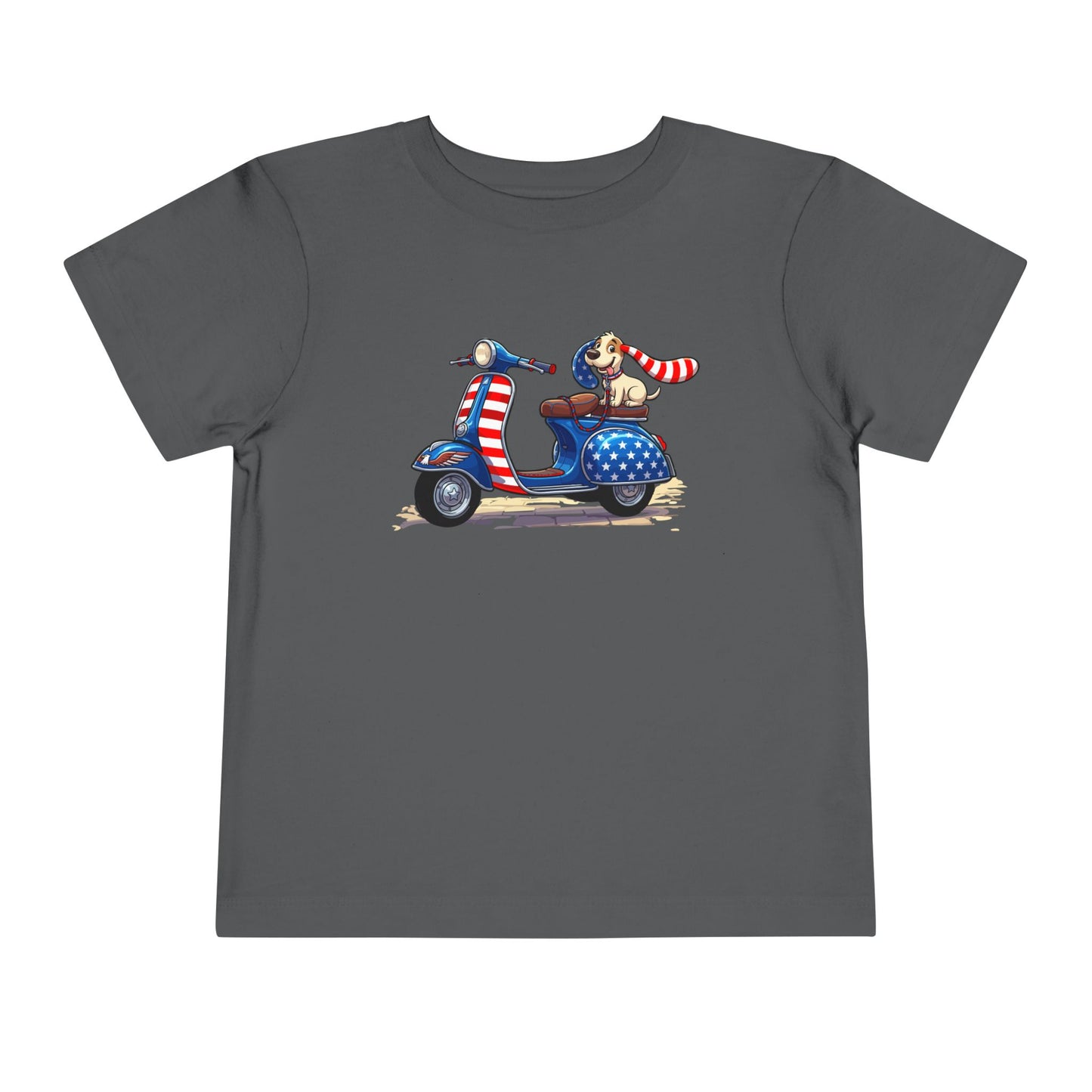 Toddler Tee - Patriotic Pup on American Flag Scooter (4th of July Kids Shirt)
