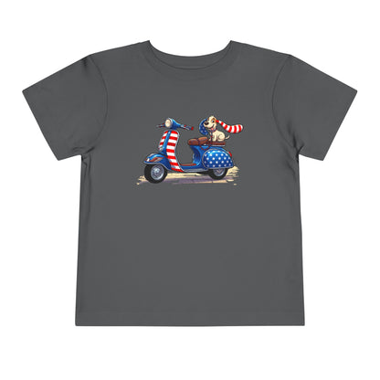 Toddler Tee - Patriotic Pup on American Flag Scooter (4th of July Kids Shirt)
