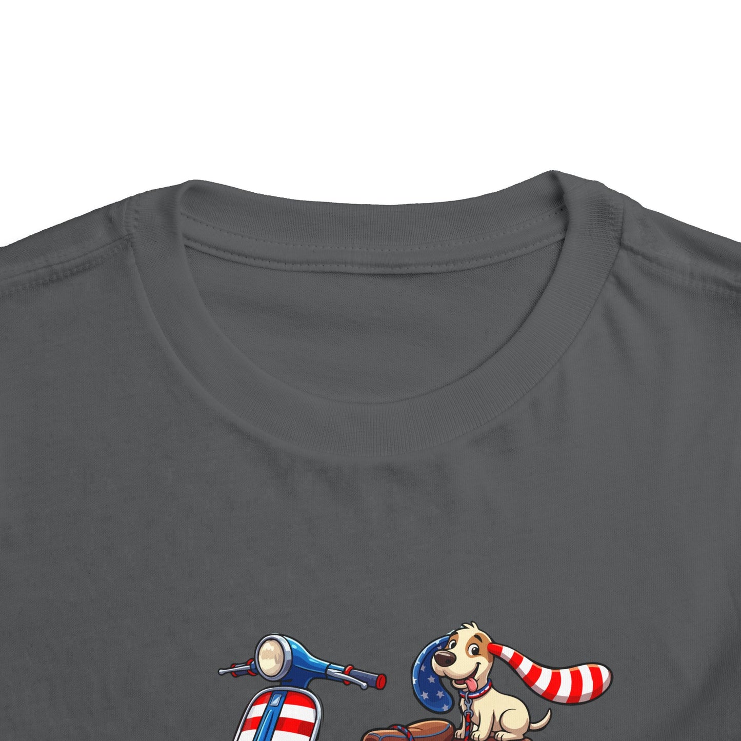 Toddler Tee - Patriotic Pup on American Flag Scooter (4th of July Kids Shirt)