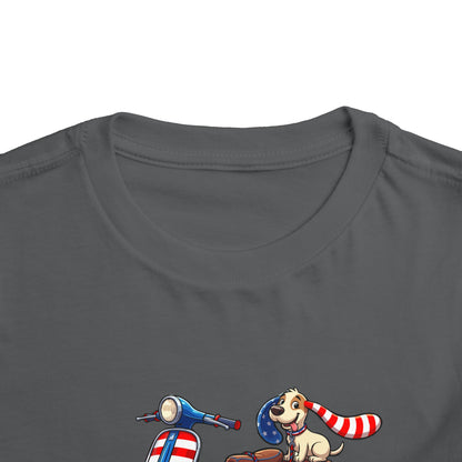 Toddler Tee - Patriotic Pup on American Flag Scooter (4th of July Kids Shirt)