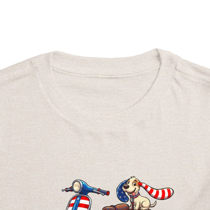 Toddler Tee - Patriotic Pup on American Flag Scooter (4th of July Kids Shirt)