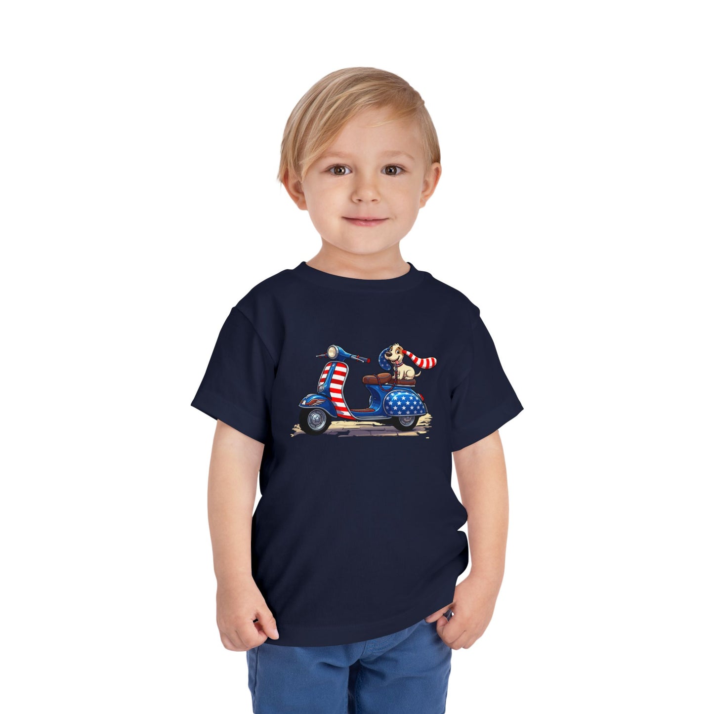 Toddler Tee - Patriotic Pup on American Flag Scooter (4th of July Kids Shirt)