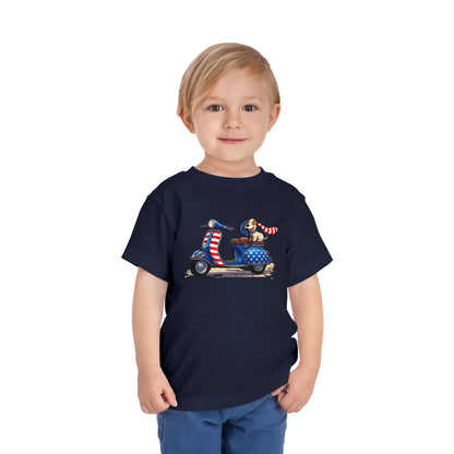 Toddler Tee - Patriotic Pup on American Flag Scooter (4th of July Kids Shirt)