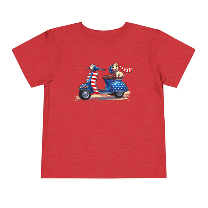Toddler Tee - Patriotic Pup on American Flag Scooter (4th of July Kids Shirt)