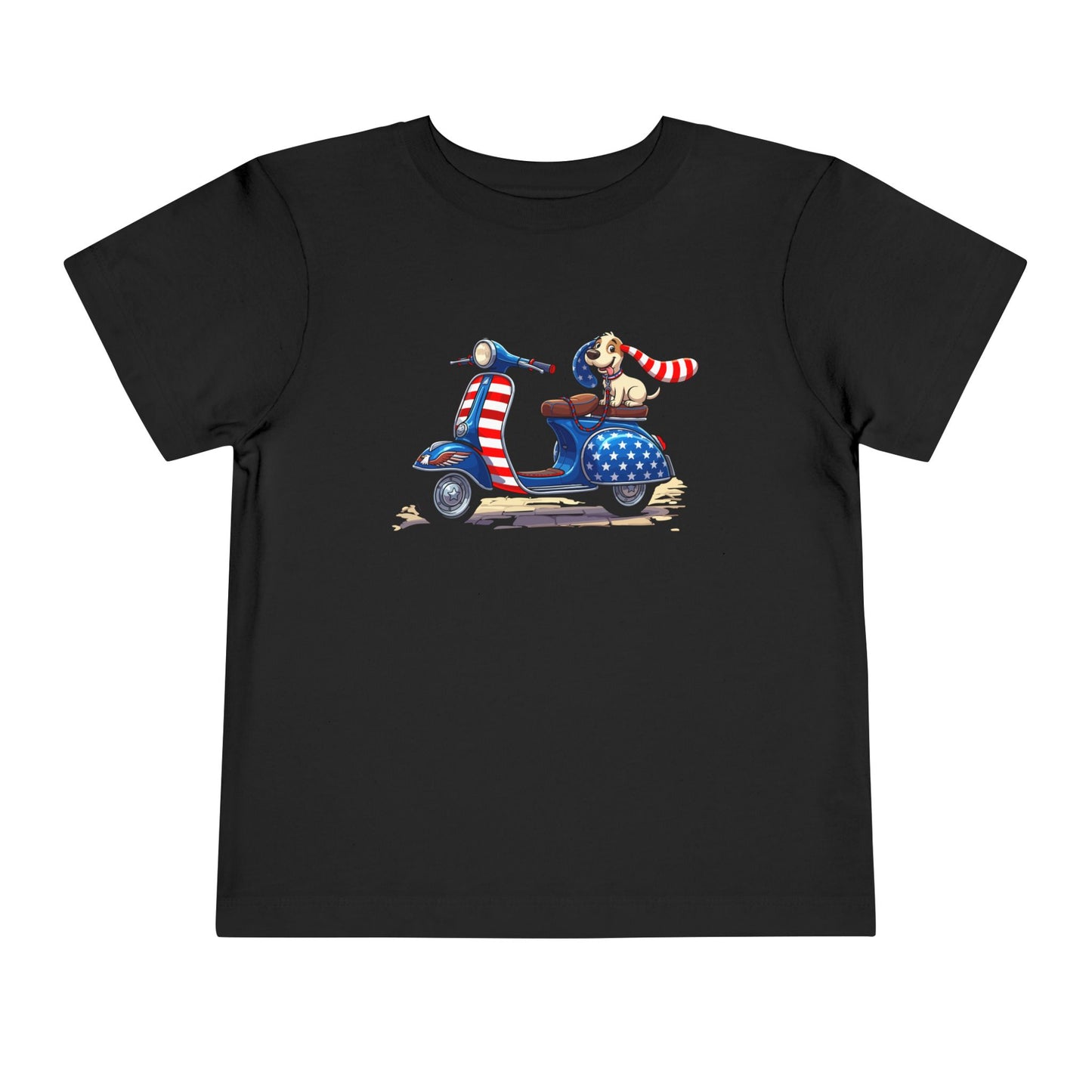 Toddler Tee - Patriotic Pup on American Flag Scooter (4th of July Kids Shirt)