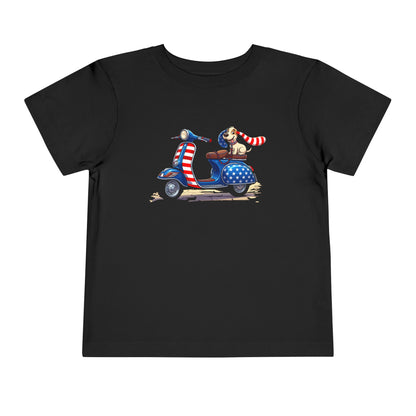 Toddler Tee - Patriotic Pup on American Flag Scooter (4th of July Kids Shirt)