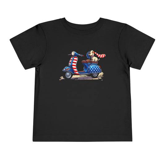 Toddler Tee - Patriotic Pup on American Flag Scooter (4th of July Kids Shirt)