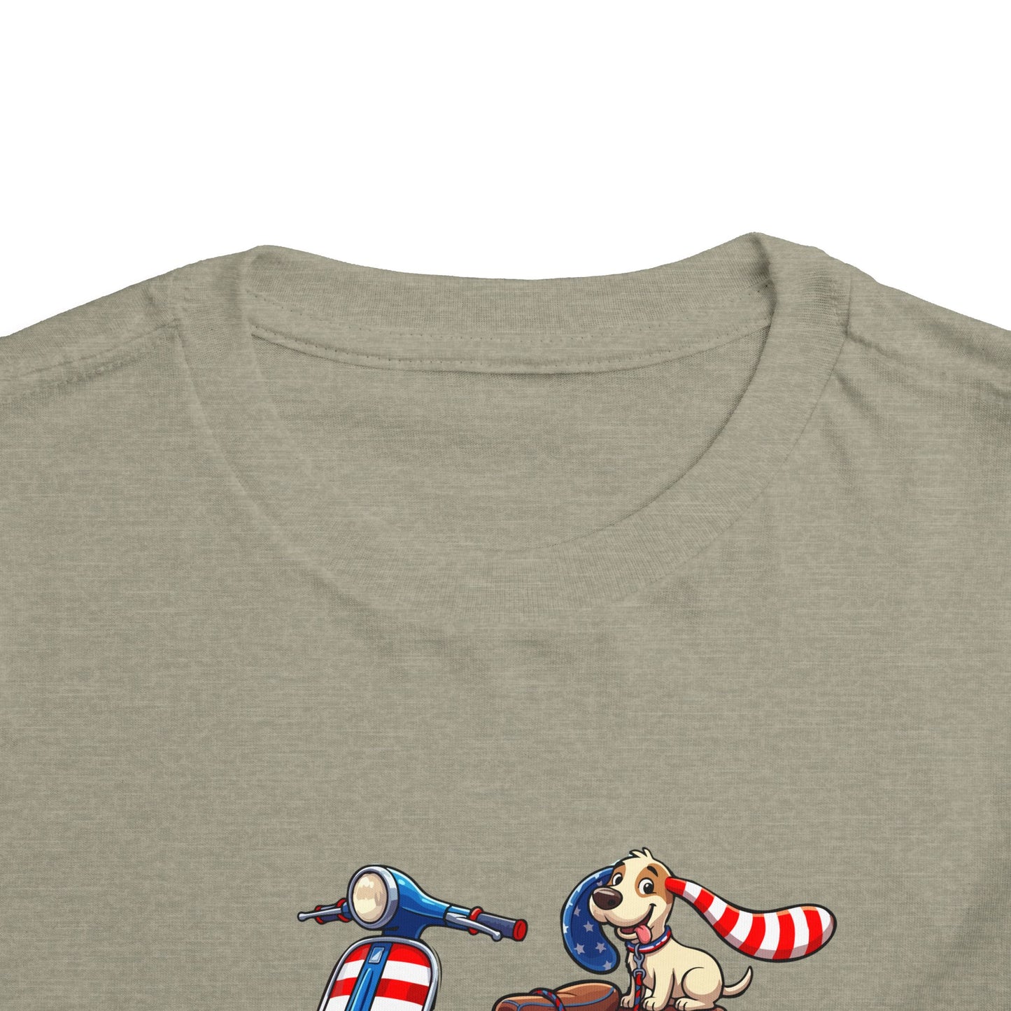 Toddler Tee - Patriotic Pup on American Flag Scooter (4th of July Kids Shirt)