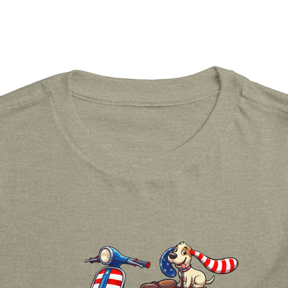 Toddler Tee - Patriotic Pup on American Flag Scooter (4th of July Kids Shirt)