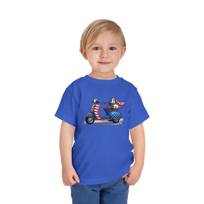 Toddler Tee - Patriotic Pup on American Flag Scooter (4th of July Kids Shirt)