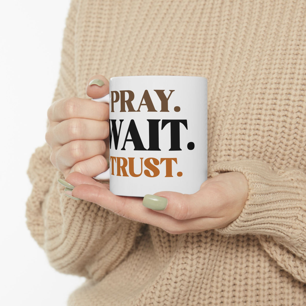 "Pray. Wait. Trust." Inspirational Coffee Cup,  Religious Gift for Catholics, Christian Mug, Inspirational Faith Message, Coffee Cup for Christian Men & Women