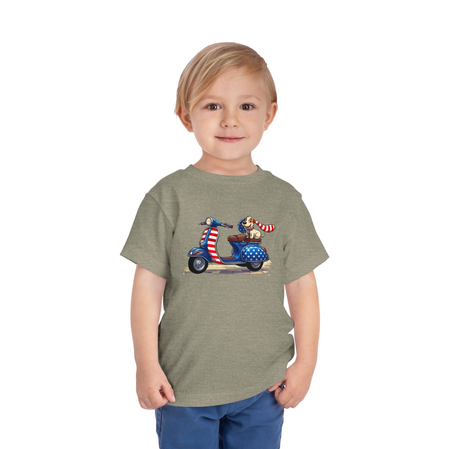Toddler Tee - Patriotic Pup on American Flag Scooter (4th of July Kids Shirt)