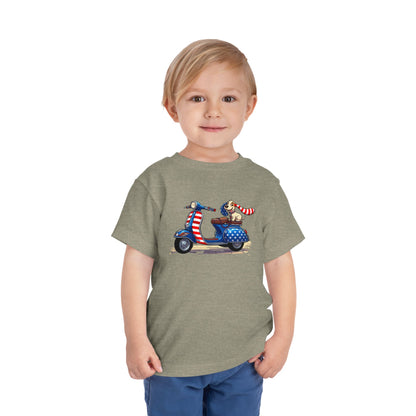 Toddler Tee - Patriotic Pup on American Flag Scooter (4th of July Kids Shirt)