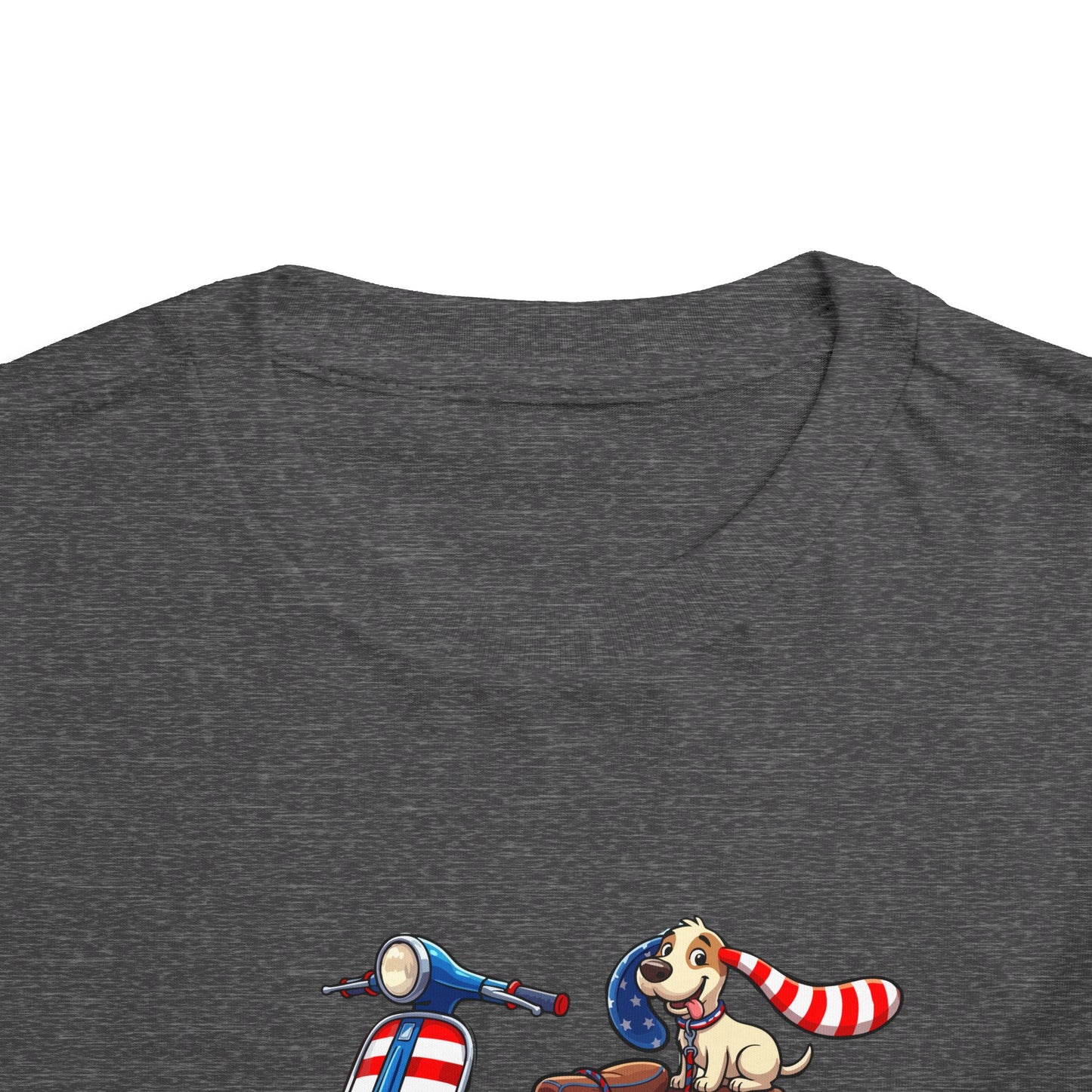 Toddler Tee - Patriotic Pup on American Flag Scooter (4th of July Kids Shirt)