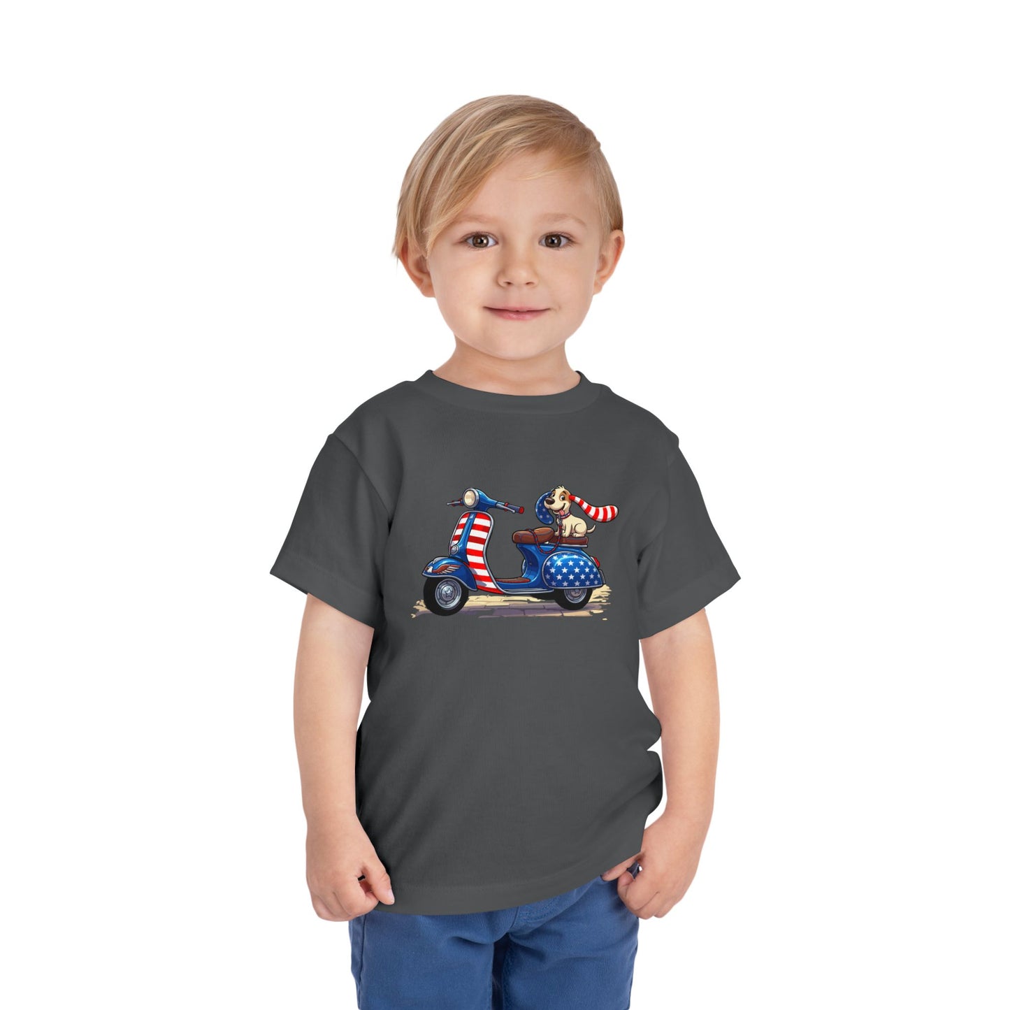 Toddler Tee - Patriotic Pup on American Flag Scooter (4th of July Kids Shirt)