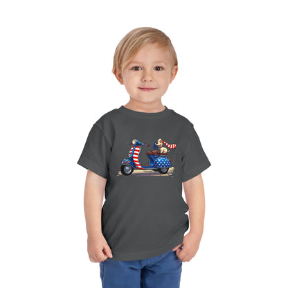 Toddler Tee - Patriotic Pup on American Flag Scooter (4th of July Kids Shirt)