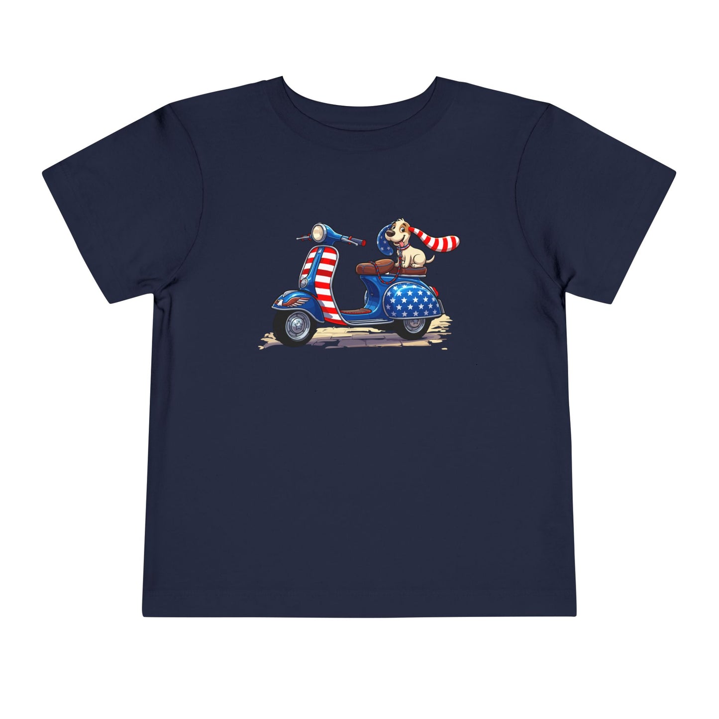 Toddler Tee - Patriotic Pup on American Flag Scooter (4th of July Kids Shirt)