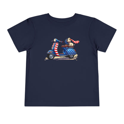 Toddler Tee - Patriotic Pup on American Flag Scooter (4th of July Kids Shirt)