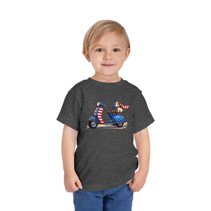Toddler Tee - Patriotic Pup on American Flag Scooter (4th of July Kids Shirt)